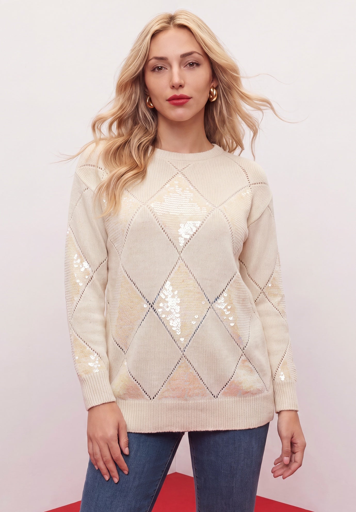 Plus Size Sequin Diamond Boatneck Sweater image number 1