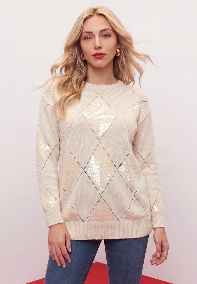 Plus Size Sequin Diamond Boatneck Sweater image number 1