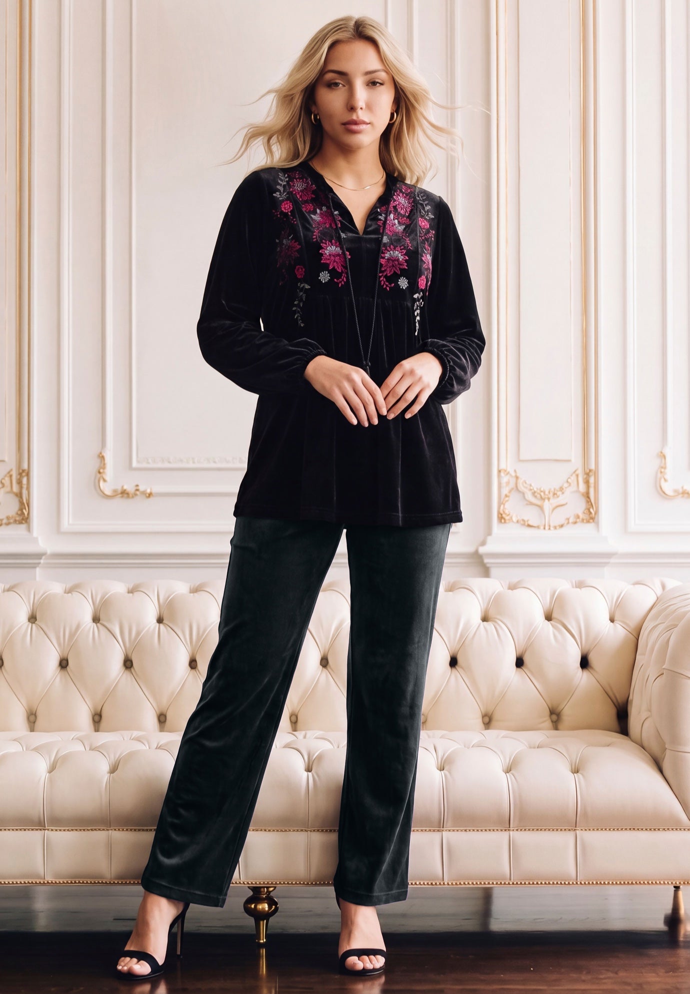 Plus Size Embroidered Notch-Neck Tassel Tie Tunic image number 0