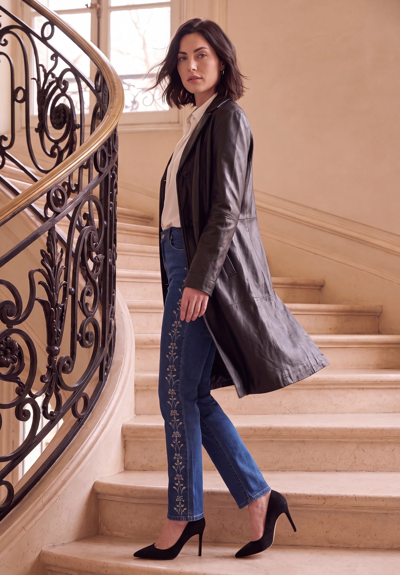 Plus Size Nappa Leather Long Button-Front Coat  image number 1