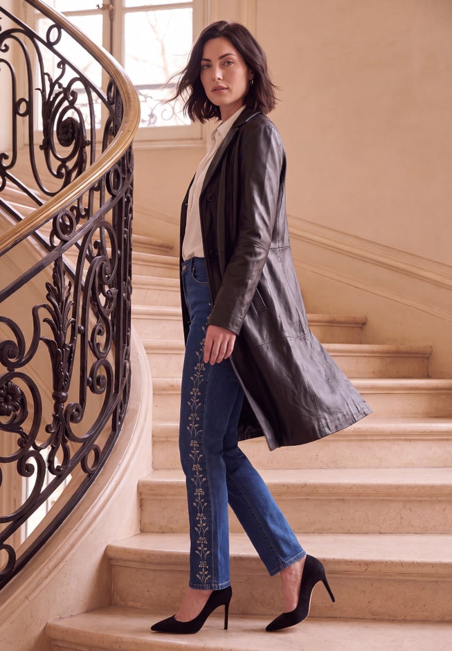 Plus Size Nappa Leather Long Button-Front Coat  image number 1