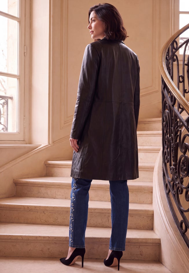 Plus Size Nappa Leather Long Button-Front Coat  image number 2