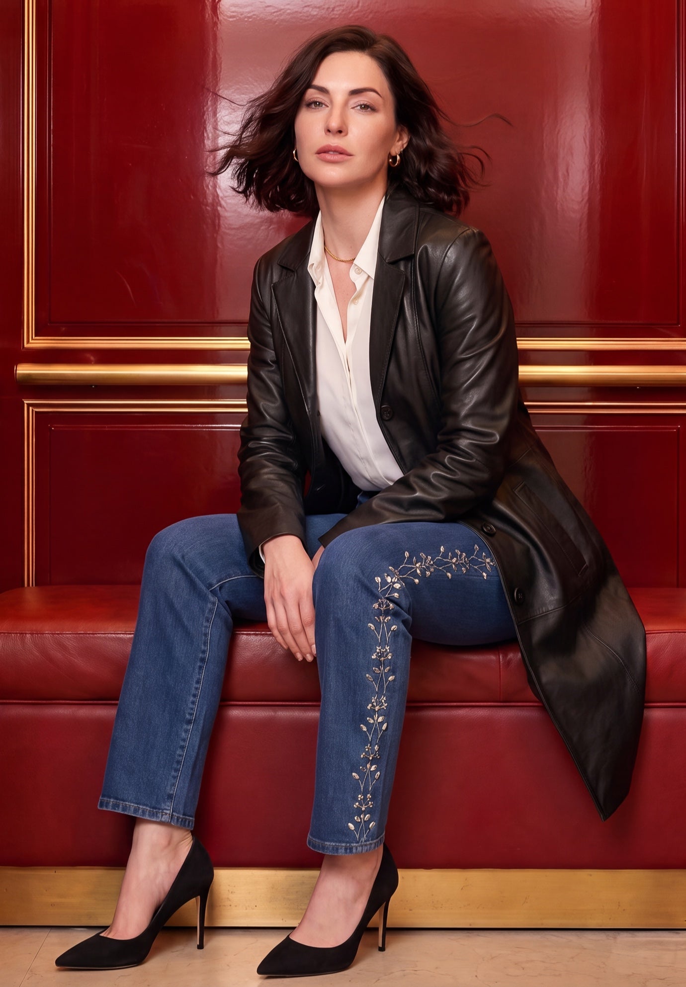 Plus Size Nappa Leather Long Button-Front Coat  image number 3