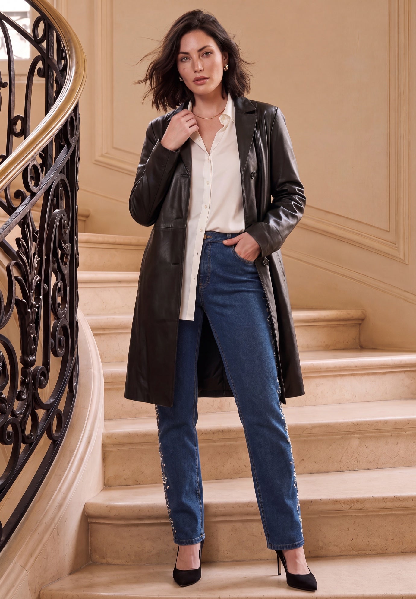 Plus Size Nappa Leather Long Button-Front Coat  image number 0