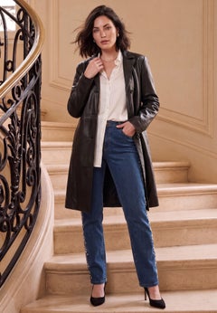 Plus Size Nappa Leather Long Button-Front Coat 