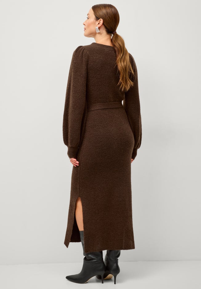 A-Line Crewneck Belted Maxi Sweater Dress With Side Slits image number 1