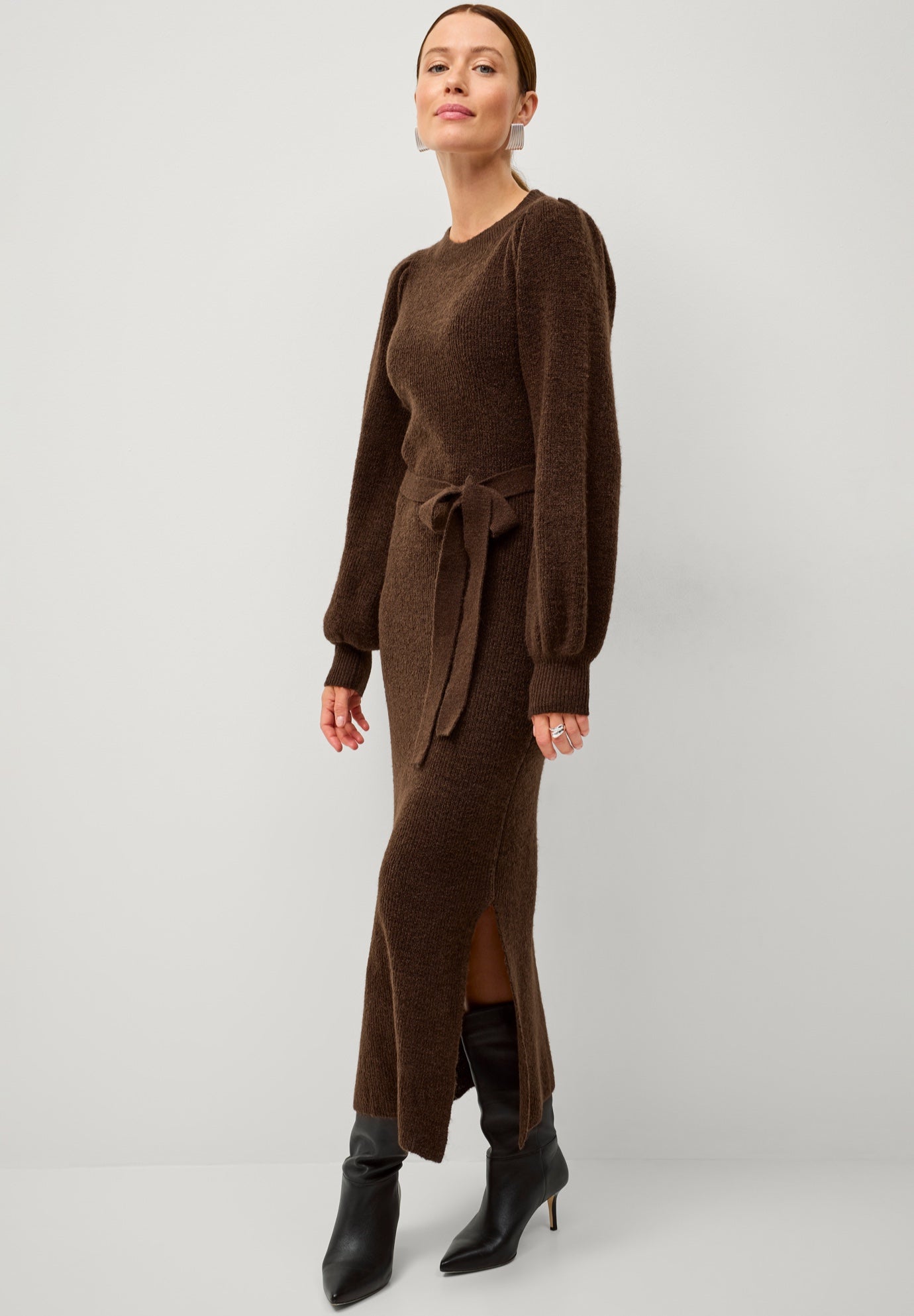 A-Line Crewneck Belted Maxi Sweater Dress With Side Slits image number 2
