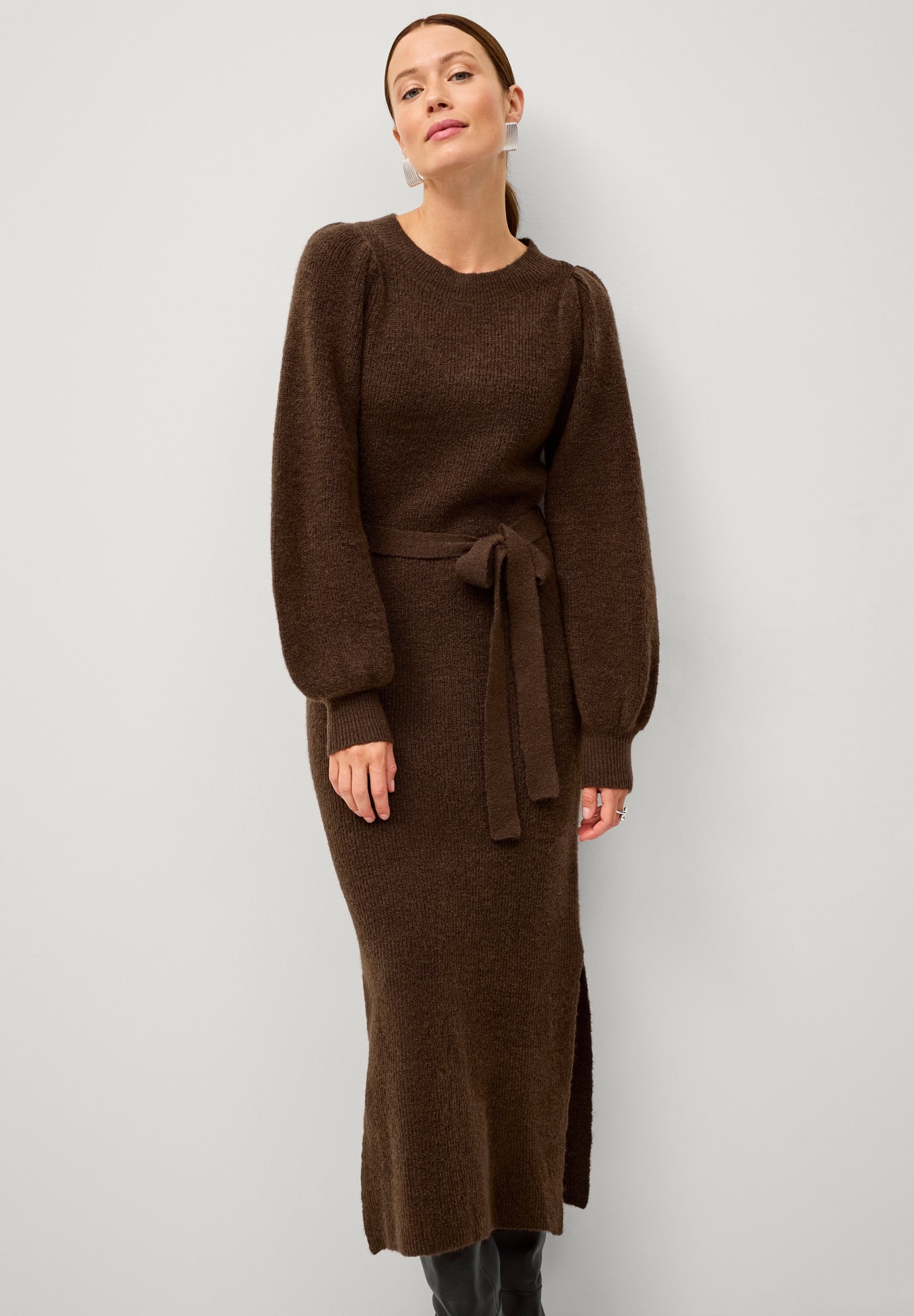 A-Line Crewneck Belted Maxi Sweater Dress With Side Slits image number 0