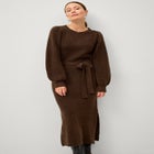 A-Line Crewneck Belted Maxi Sweater Dress With Side Slits image number 0