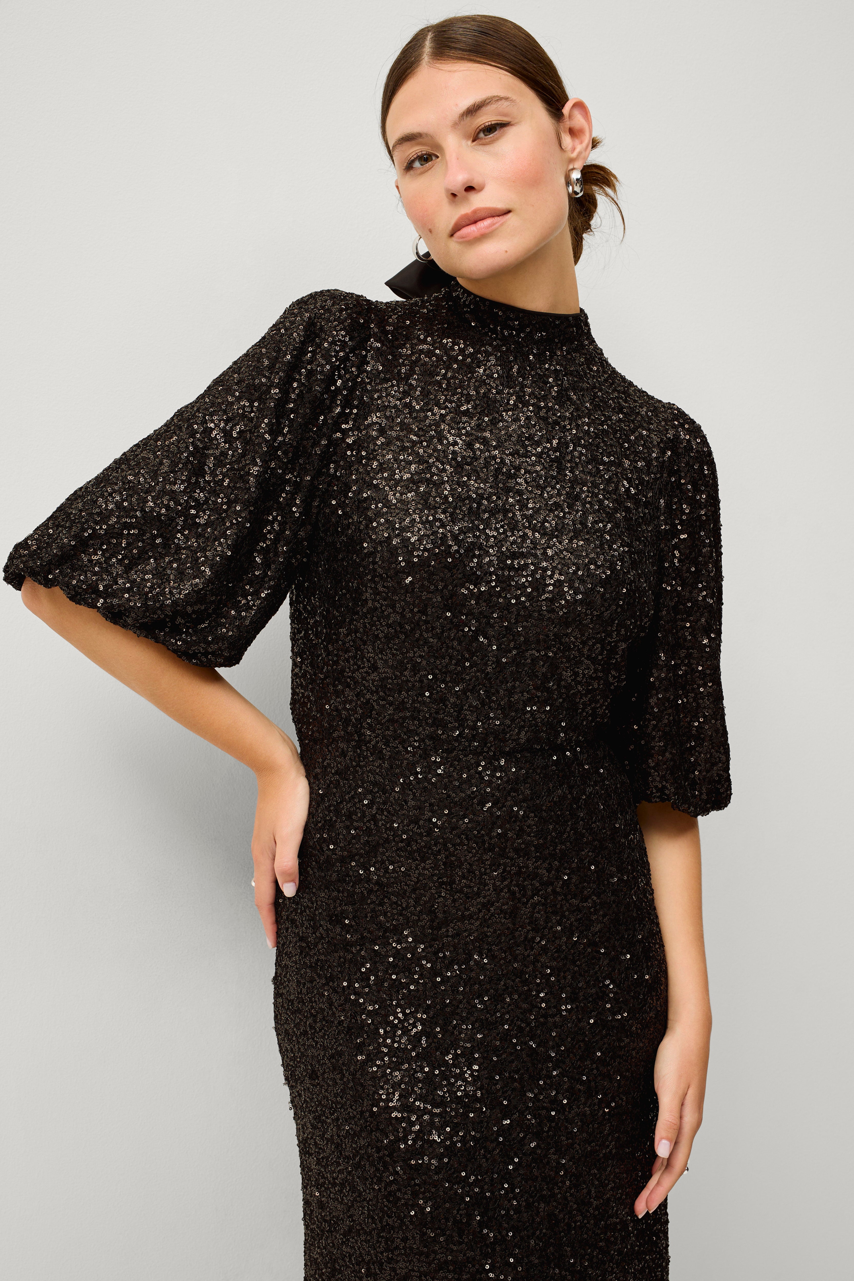 A-Line Mockneck Sequin Maxi Dress With Back Satin Bow image number 3