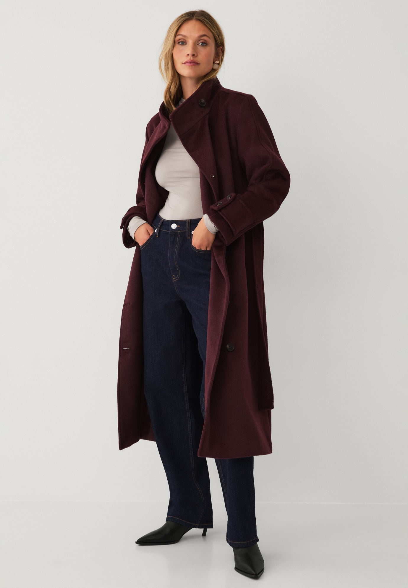 Long Double-Breasted Wool-Blend Belted Coat image number 1