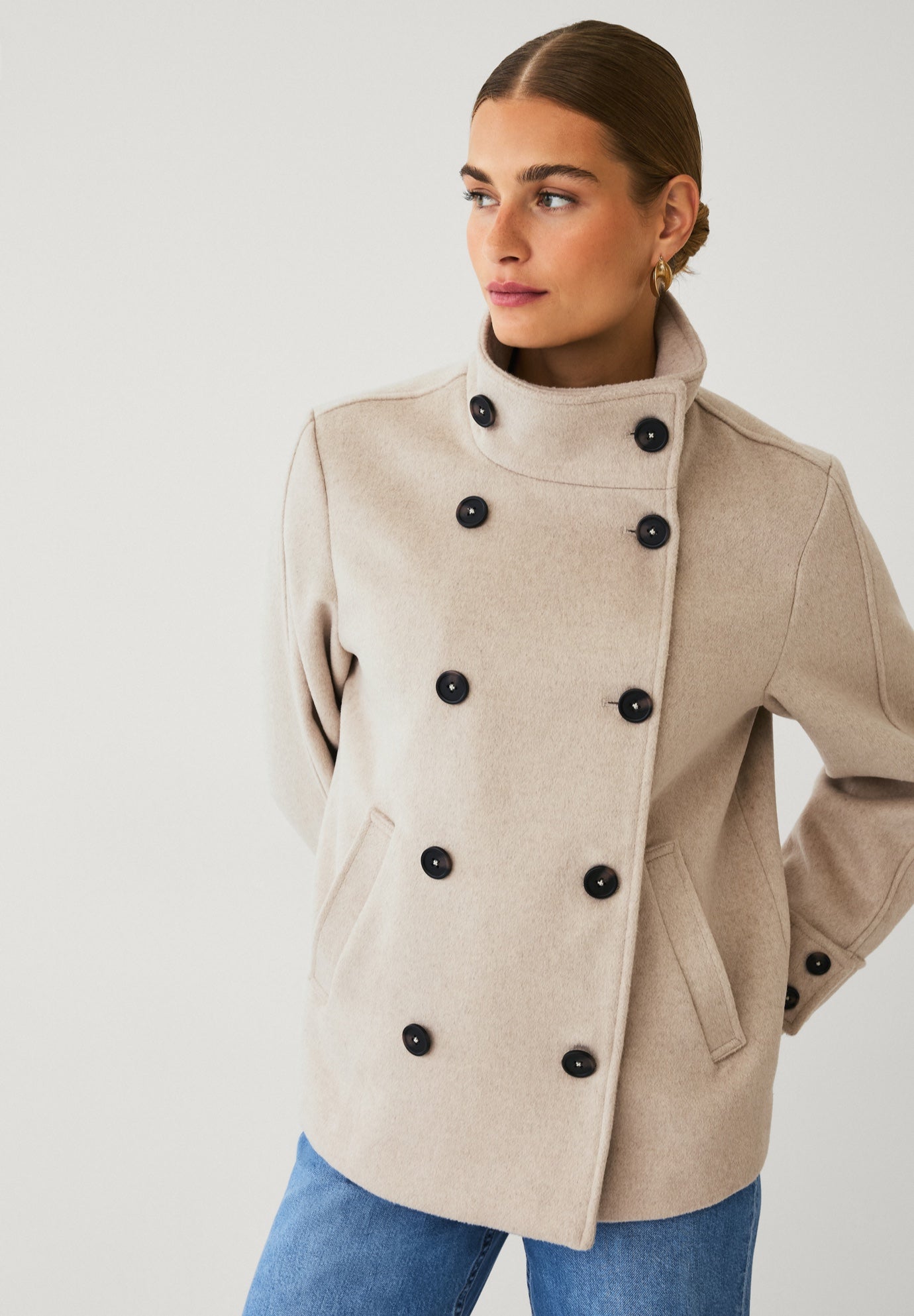 Funnel Neck Double-Breasted Wool-Blend Coat image number 1