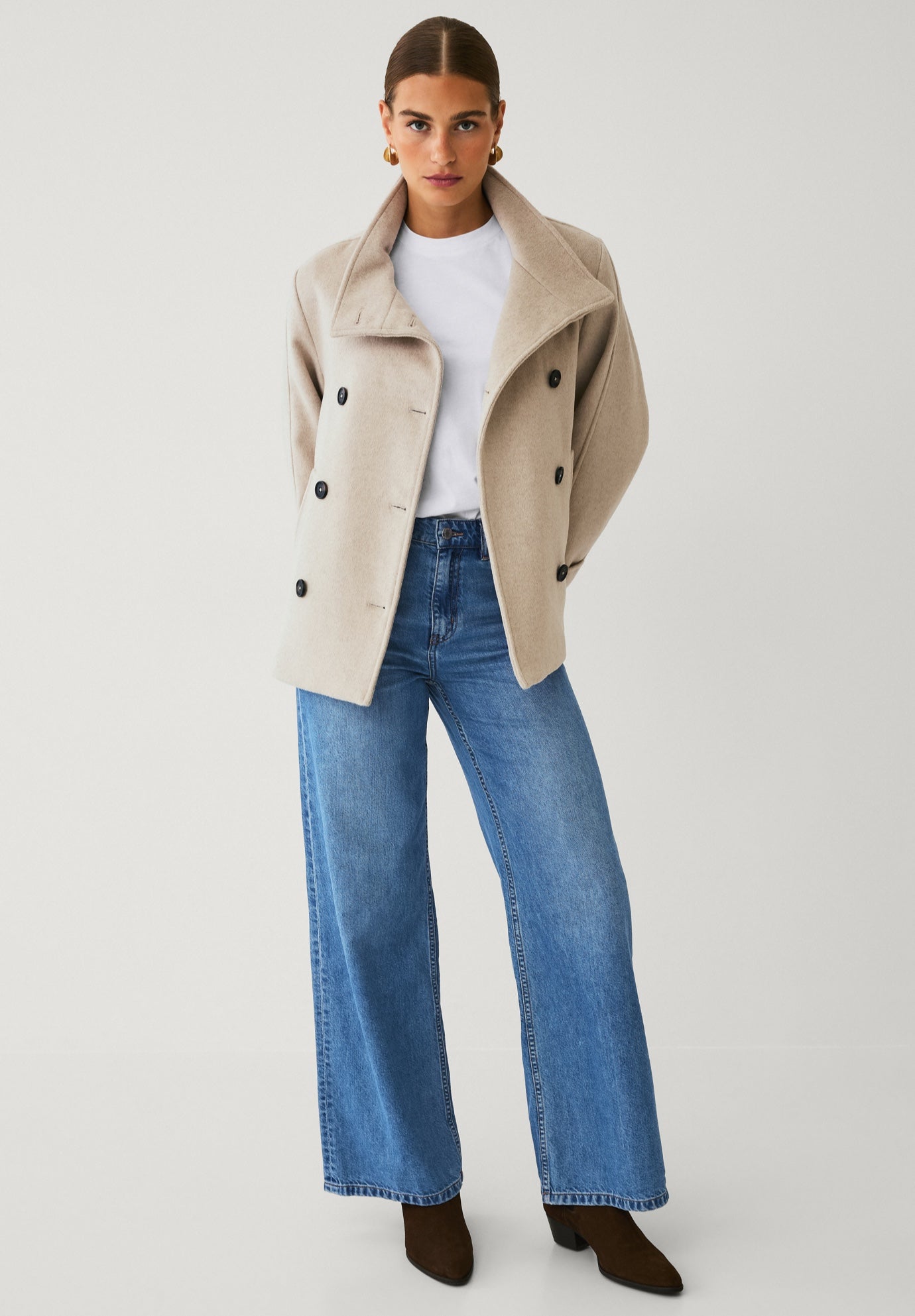 Funnel Neck Double-Breasted Wool-Blend Coat image number 2