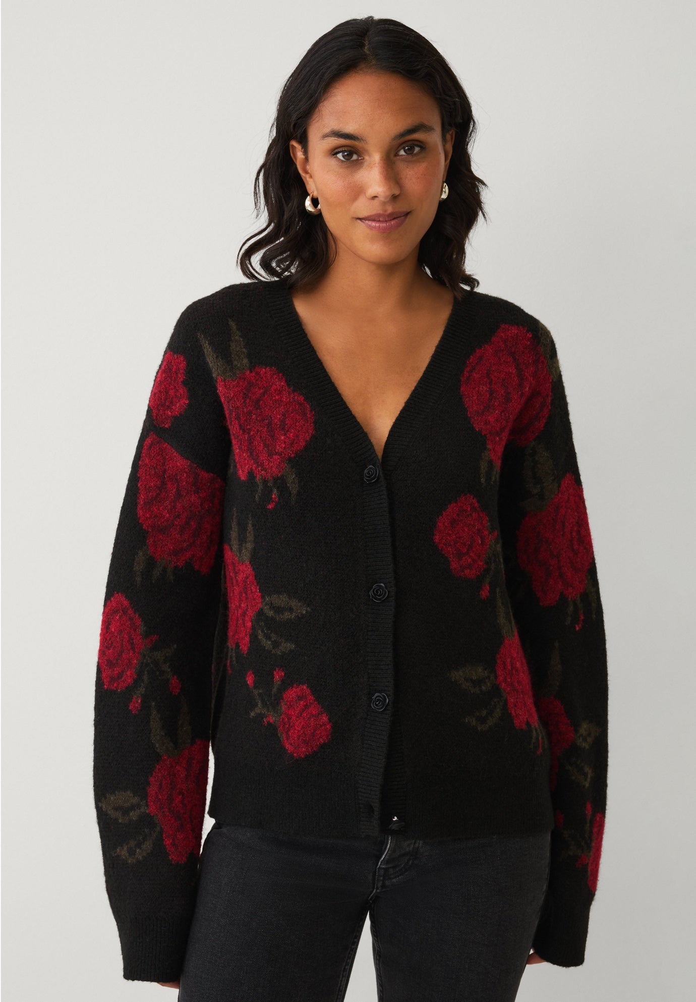 Wool-Blend V-Neckline Ribbed Boxy Rose Knit Cardigan image number 1