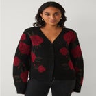 Wool-Blend V-Neckline Ribbed Boxy Rose Knit Cardigan image number 1