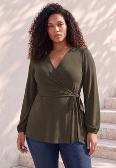 Plus Size Wrap V-Neck Side-Tie Blouson Sleeve Blouse