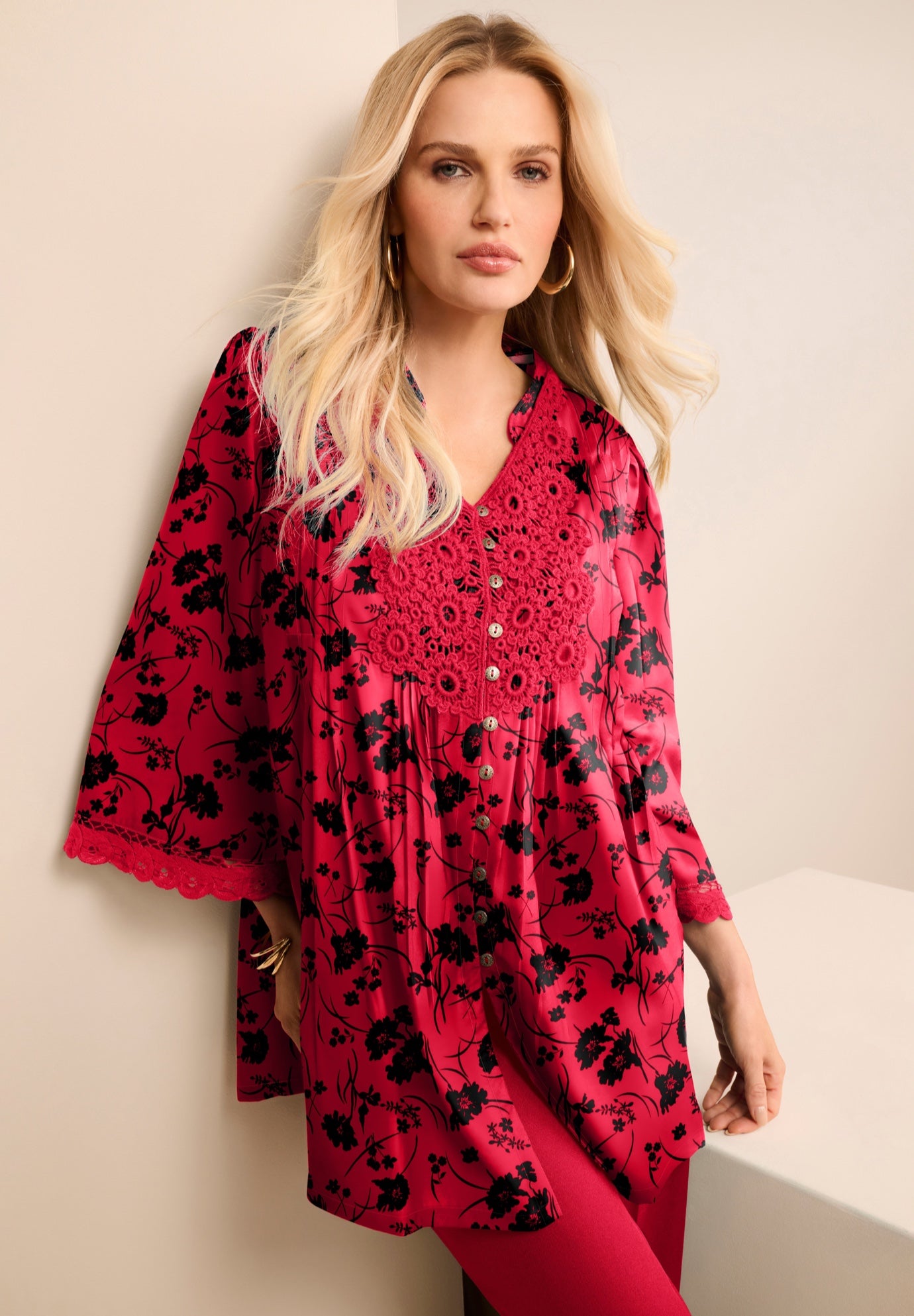 Plus Size Juliet Lace Trim Button-Down Shirt image number 0