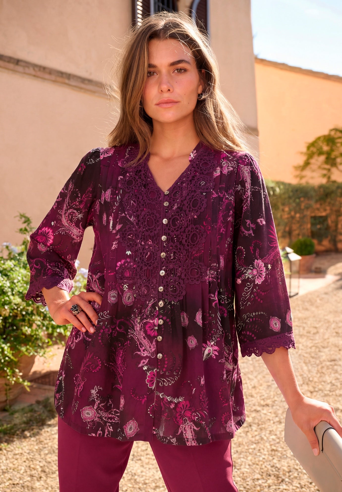 Plus Size Juliet Lace Trim Button-Down Shirt image number 0