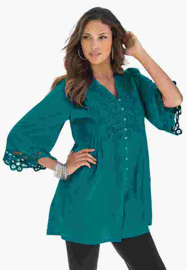 Plus Size Juliet Lace Trim Button-Down Shirt image number 0