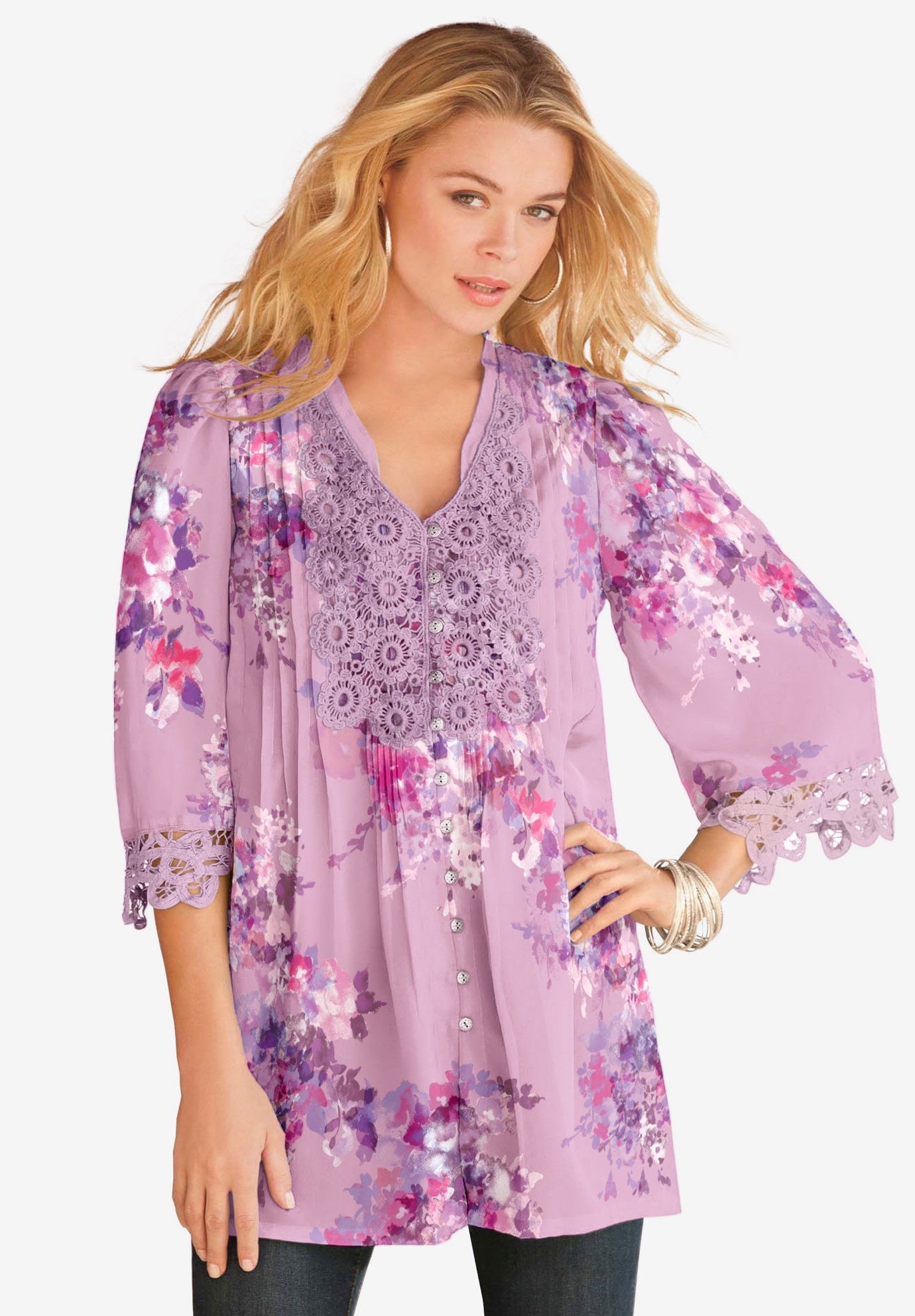 Plus Size Juliet Lace Trim Button-Down Shirt image number 0