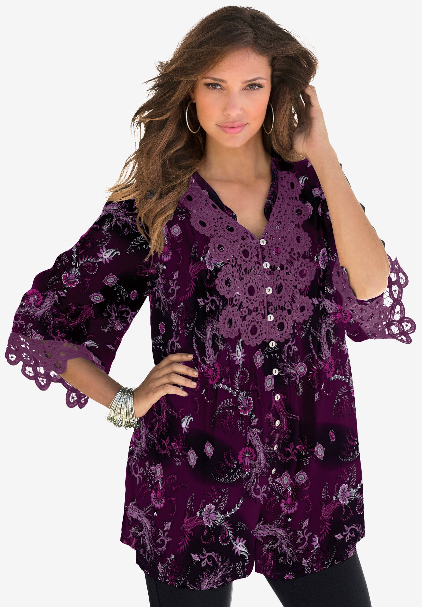 Plus Size Juliet Lace Trim Button-Down Shirt image number 0