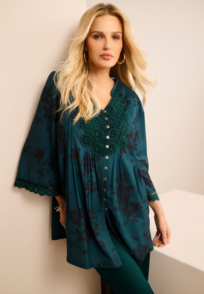 Plus Size Juliet Lace Trim Button-Down Shirt image number 0