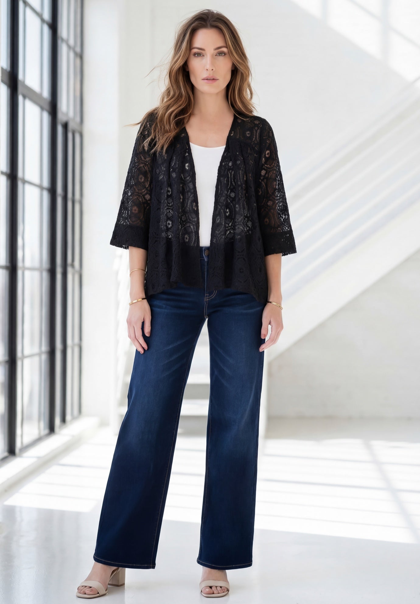 Plus Size Lace Three Quarter Sleeve Swing Jacket image number 0