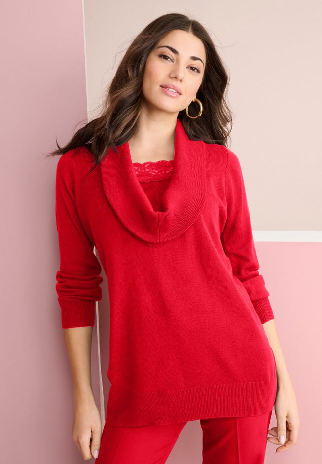 Plus Size Lightweight Cowl Neck Sweater with Lace Trim image number 2