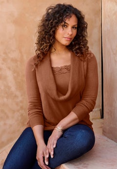 Plus Size Lightweight Cowl Neck Sweater with Lace Trim