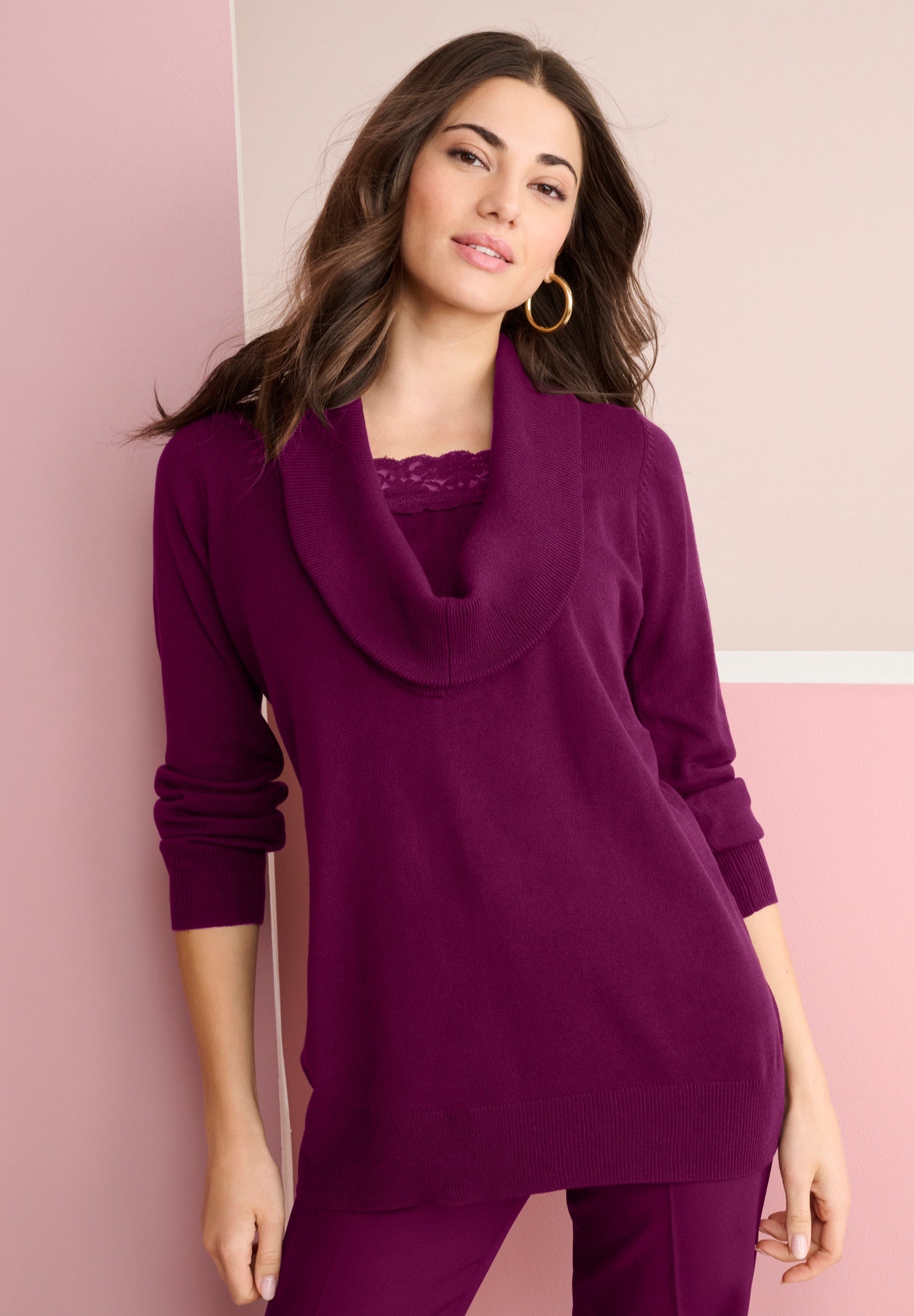 Plus Size Lightweight Cowl Neck Sweater with Lace Trim image number 0