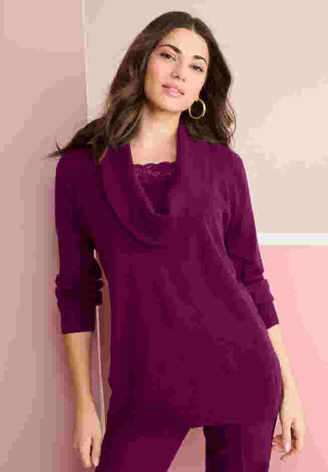 Plus Size Lightweight Cowl Neck Sweater with Lace Trim image number 0
