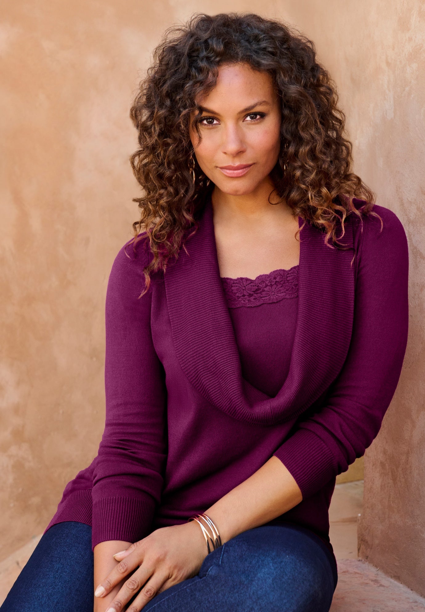 Plus Size Lightweight Cowl Neck Sweater with Lace Trim image number 1