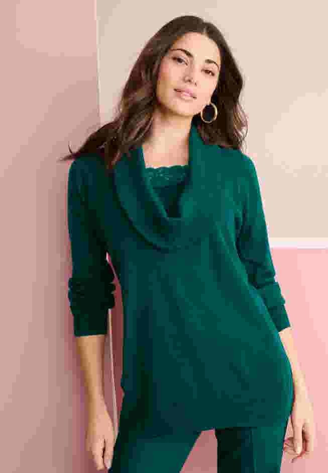 Plus Size Lightweight Cowl Neck Sweater with Lace Trim image number 0