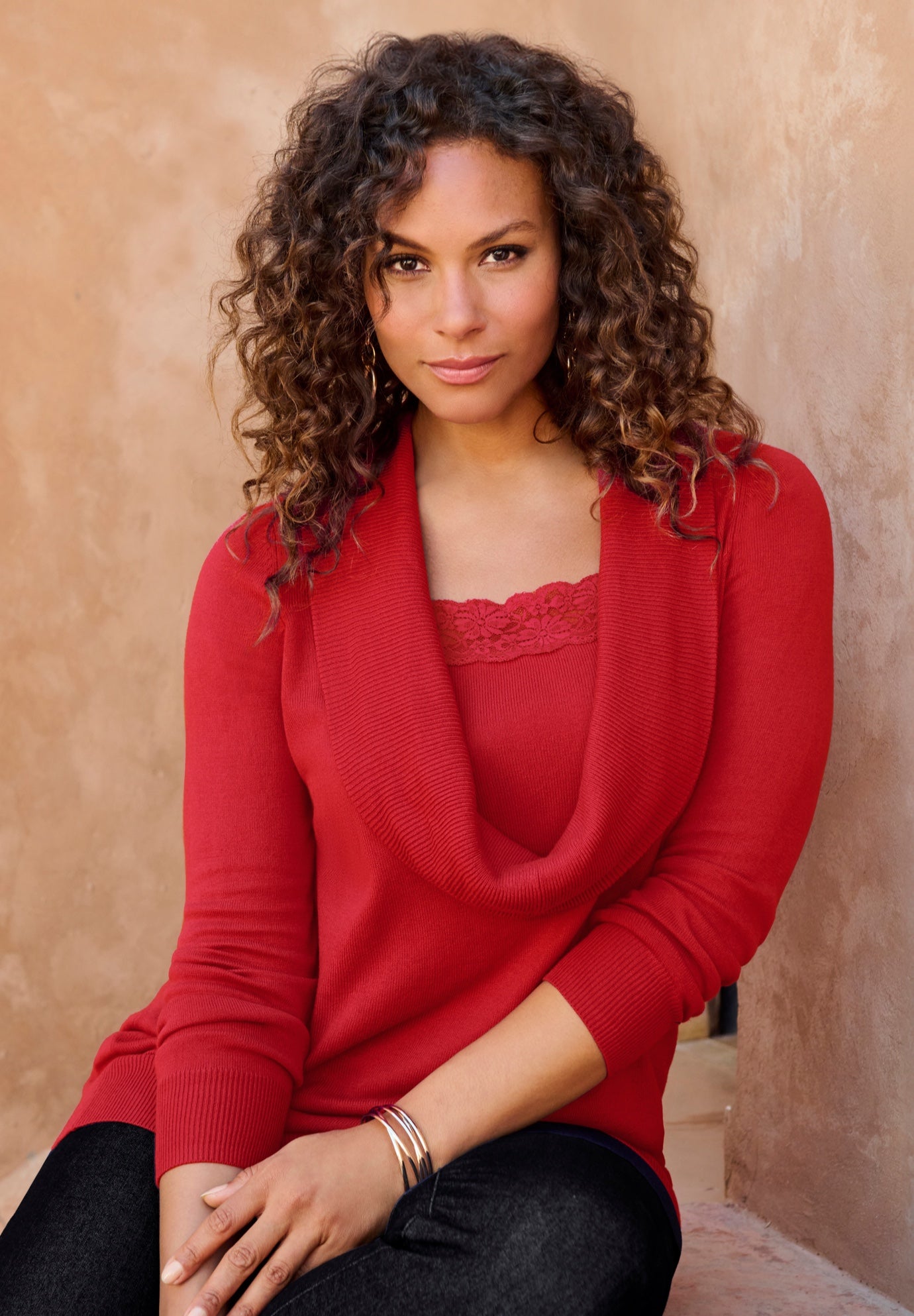 Plus Size Lightweight Cowl Neck Sweater with Lace Trim image number 1