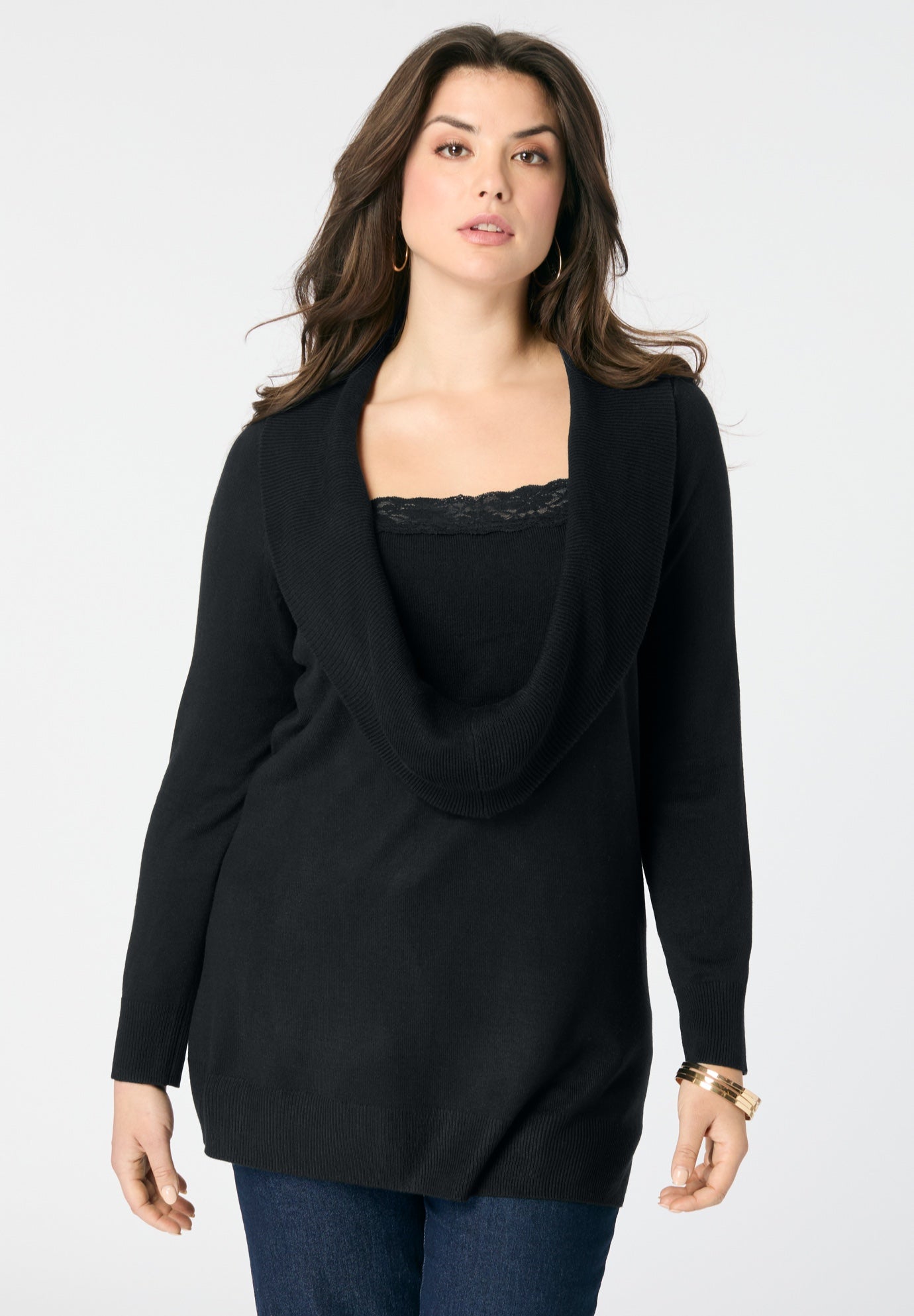 Plus Size Lightweight Cowl Neck Sweater with Lace Trim image number 0