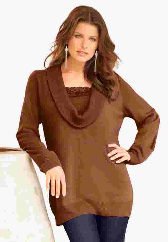 Lace Trim Cowl Neck Sweater image number 0