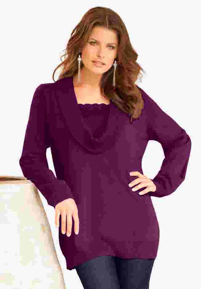 Lace Trim Cowl Neck Sweater image number 0
