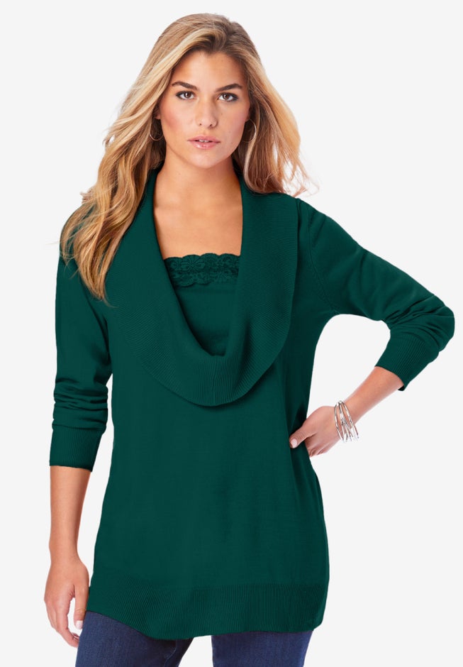 Plus Size Lightweight Cowl Neck Sweater with Lace Trim image number 1