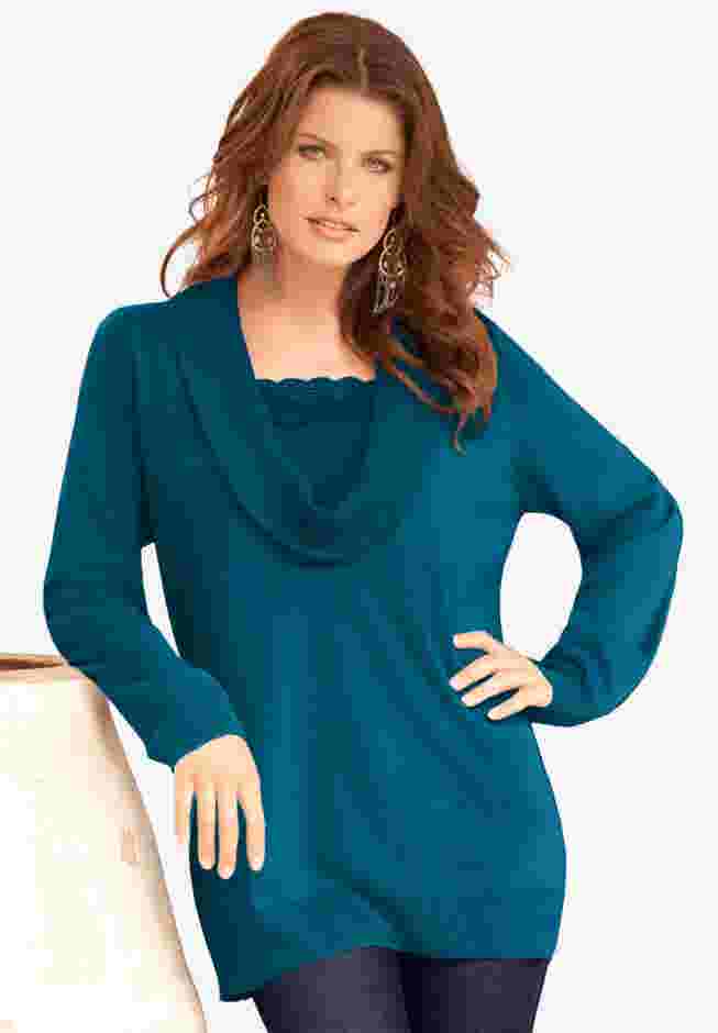 Plus Size Lightweight Cowl Neck Sweater with Lace Trim image number 0