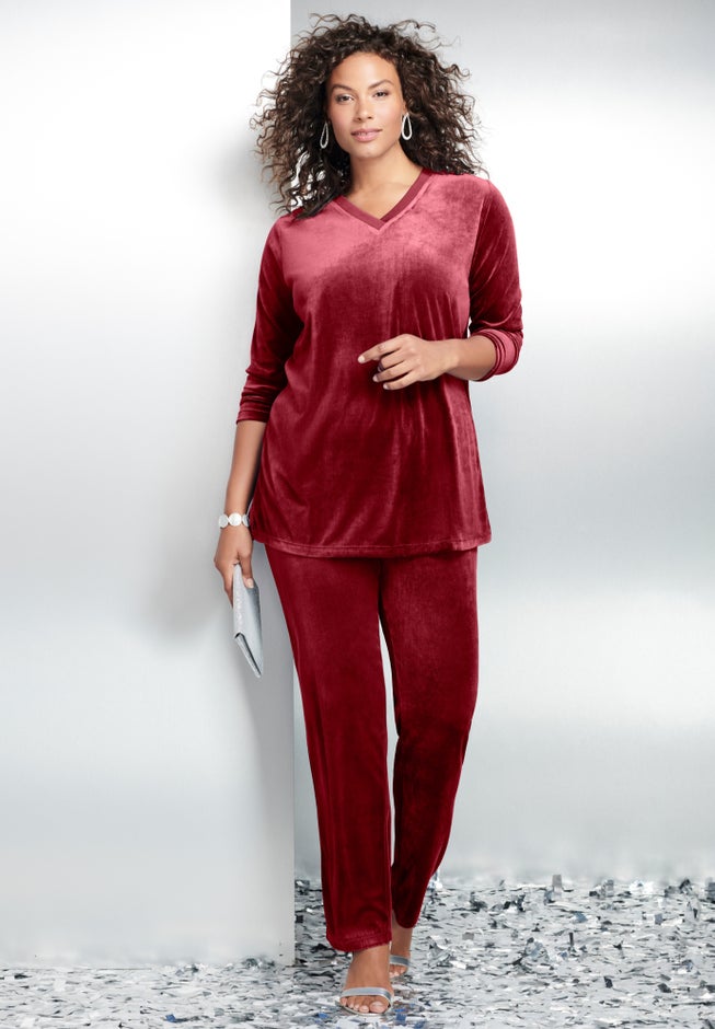 Plus Size Two-Piece V-Neck Velour Set image number 0