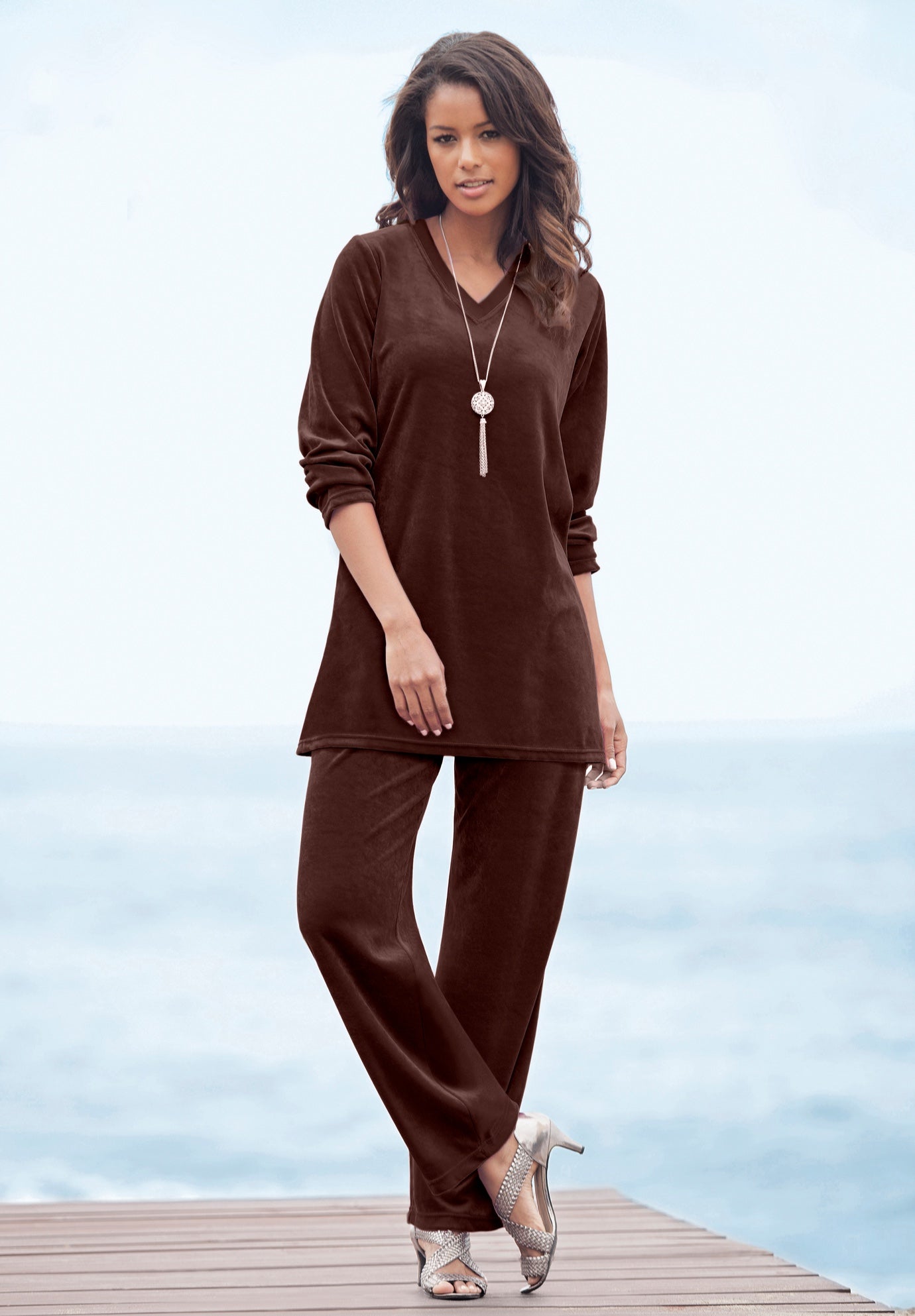 Plus Size Two-Piece V-Neck Velour Set image number 0