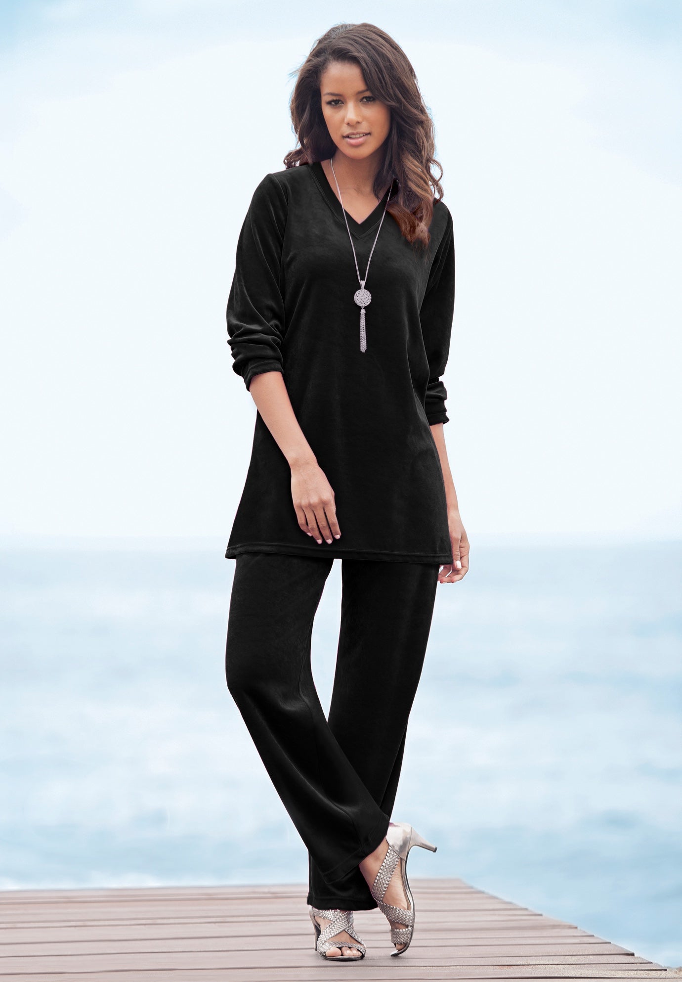 Plus Size Two-Piece V-Neck Velour Set image number 0