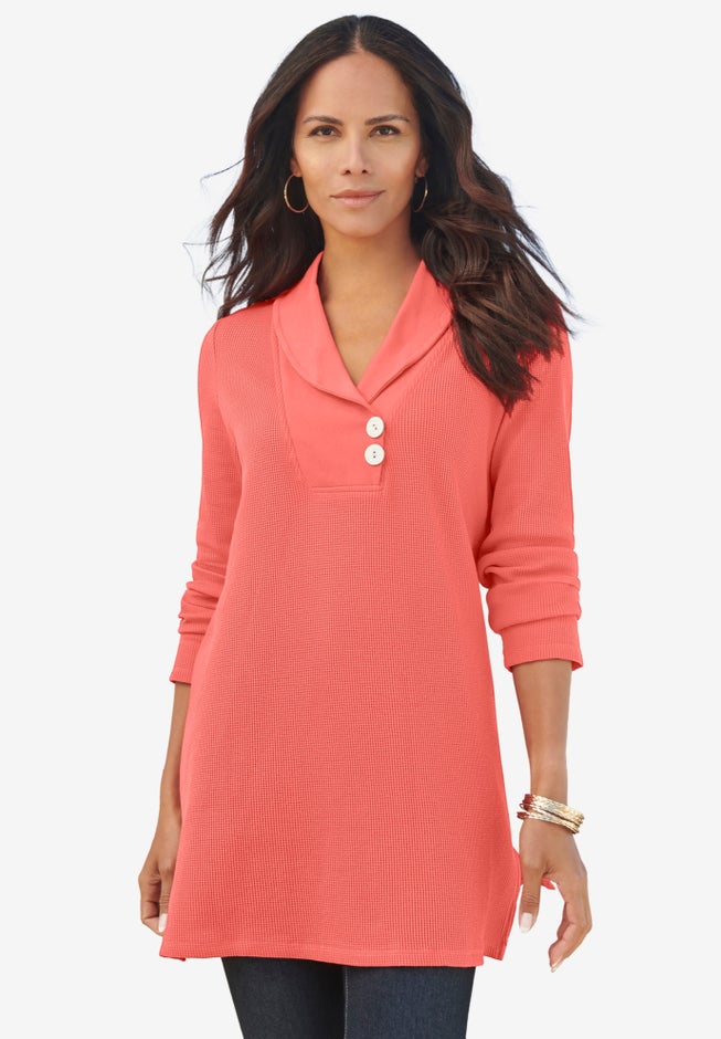 Plus Size Knit Thermal Shawl Collar Top – Long Sleeve image number 0