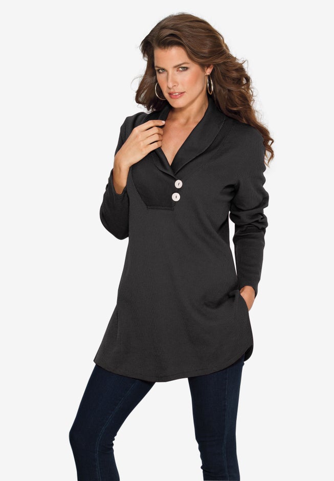 Plus Size Knit Thermal Shawl Collar Top – Long Sleeve image number 0