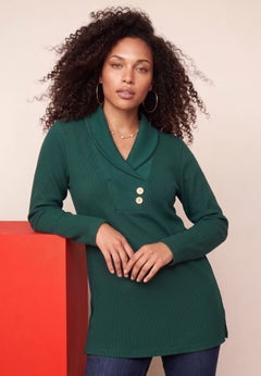 Plus Size Knit Thermal Shawl Collar Top &ndash; Long Sleeve