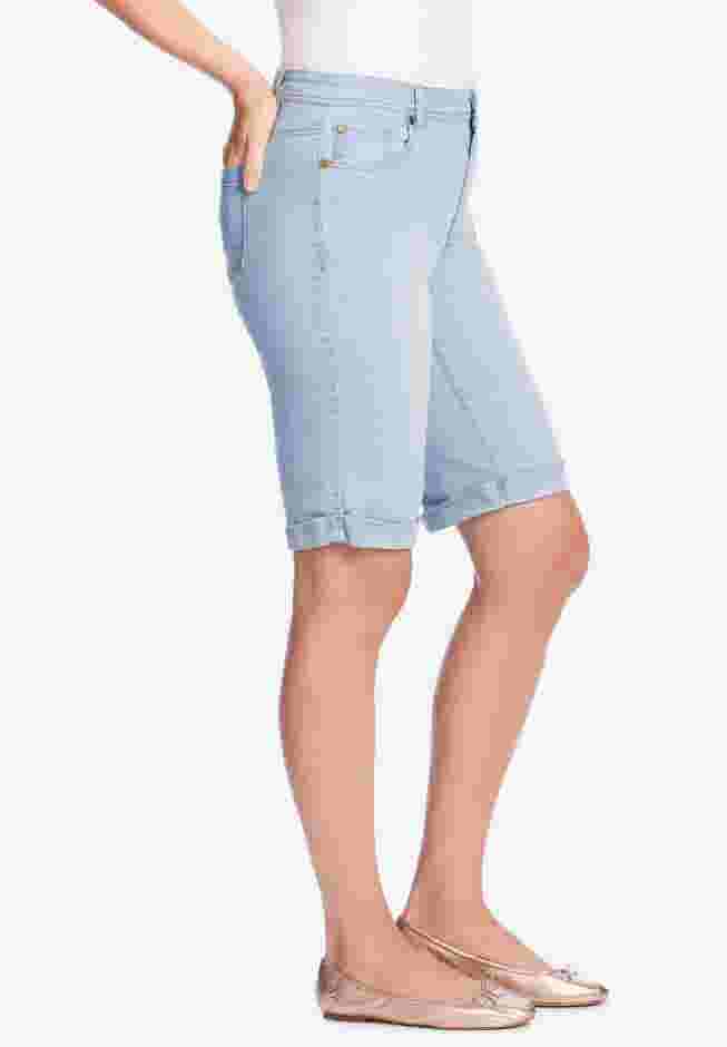Womens Plus-Size Stretch Denim Five-Pocket Bermuda Shorts image number 2