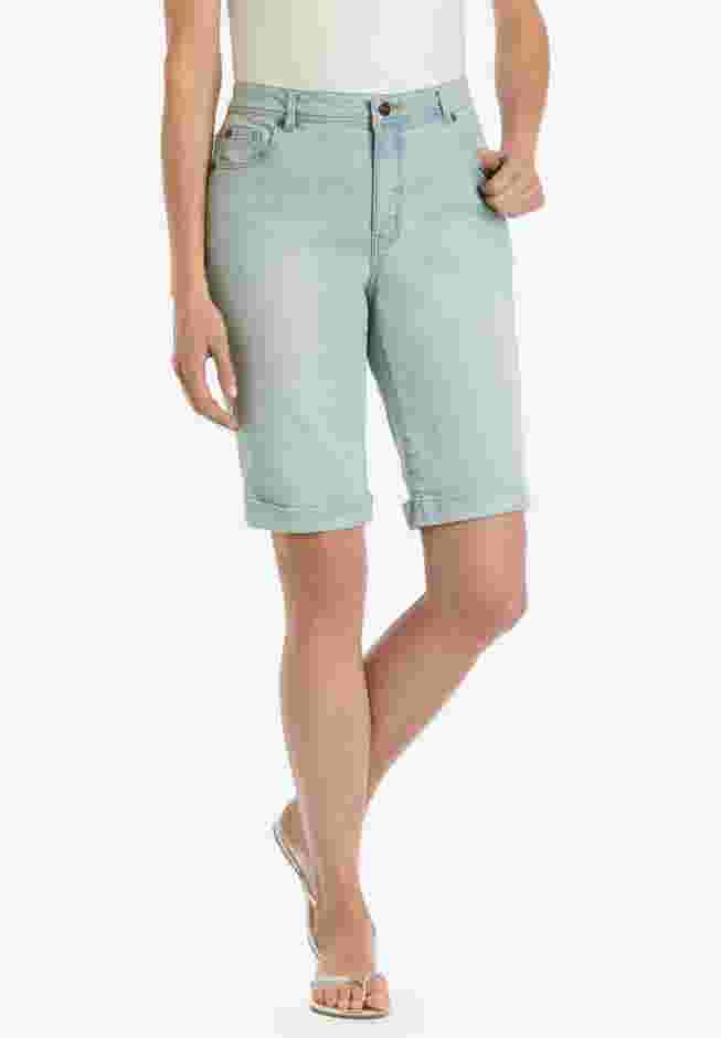 Womens Plus-Size Stretch Denim Five-Pocket Bermuda Shorts image number 0