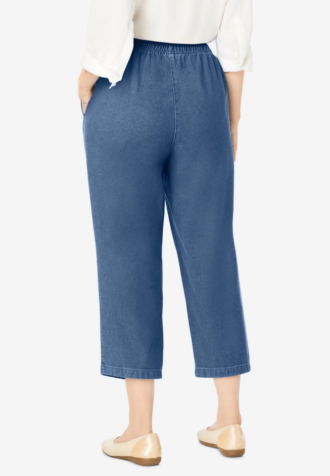 7-Day Elastic-Waist Pull-On Cotton Denim Capri Jeans image number 1