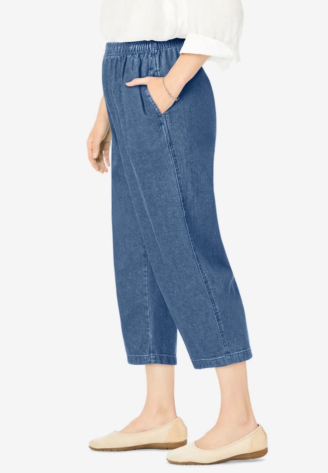 7-Day Elastic-Waist Pull-On Cotton Denim Capri Jeans image number 2