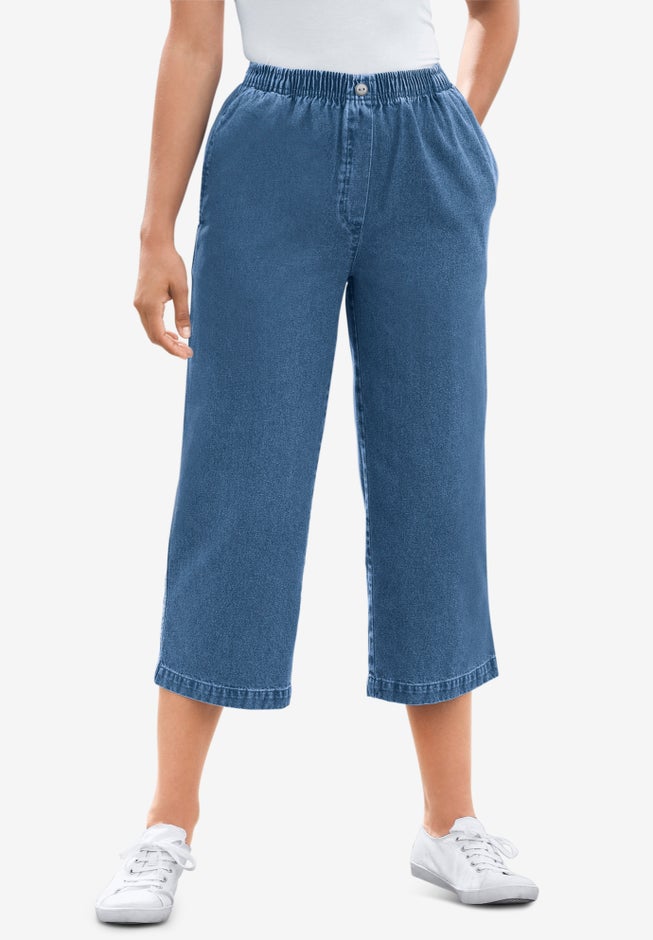 7-Day Elastic-Waist Pull-On Cotton Denim Capri Jeans image number 0